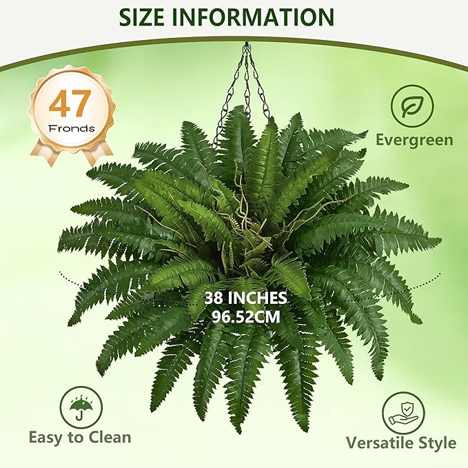 38In Artificial Boston Ferns Bush, Set of 2 Large Faux Ferns Plants, 47 Branches Fake Ferns for Home Living Room Decor, Indoor and Outdoor