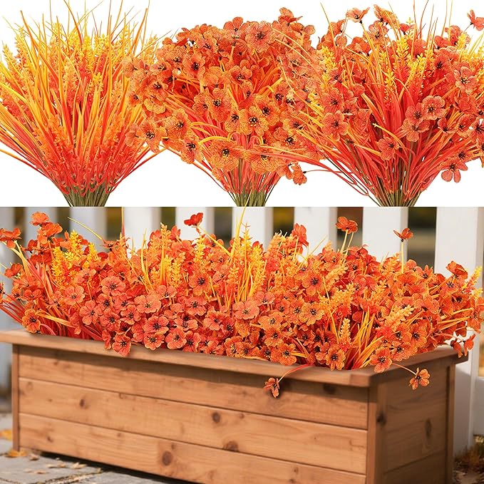 Der Rose 24 Bundles Fall Mums Artificial Flowers for Outdoor Fake Flowers Plants UV Resistant for Home Garden Porch Window Wedding Decor(Orange)