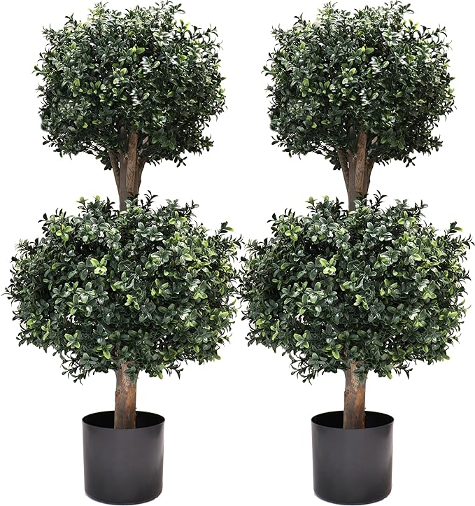 3Ft-35'' Artificial Boxwood Double Ball Topiary Trees,2PACK Faux Topiaries Tree Store Garden Indoor&Outdoor for Porch Home Decor