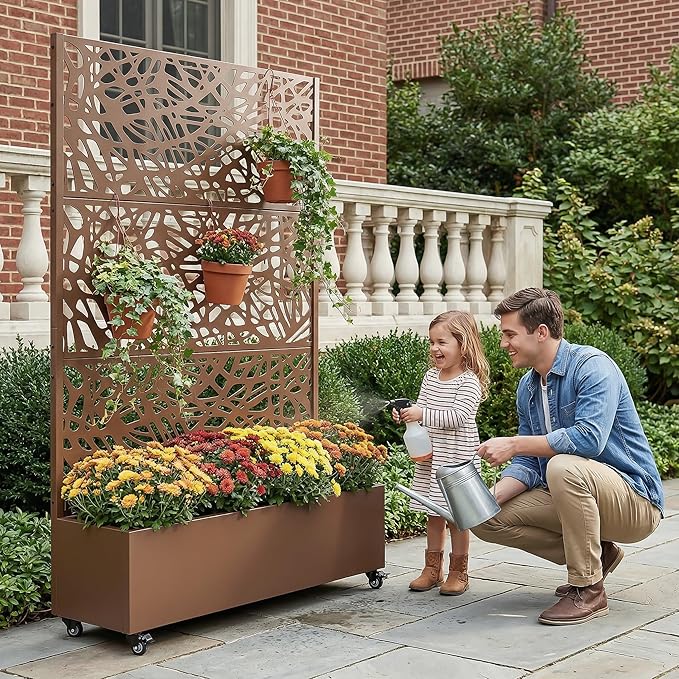 Casaphoria Metal Raised Garden Bed with Trellis and Wheels, 72"x47"x16" Arched Planter Box for Climbing Plants, Vegetables & Vines, Features Drainage Holes and Privacy Screen, Brown-Net