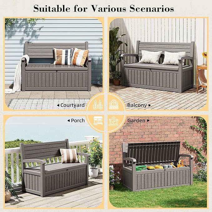 80 Gallon Outdoor Storage Bench Waterproof, Storage Outdoor Porch Bench Doubles as 2-Person Bench Seat, Resin Stripes Deck Box for Cushions, Garden Tools and Pool Supplies Grey