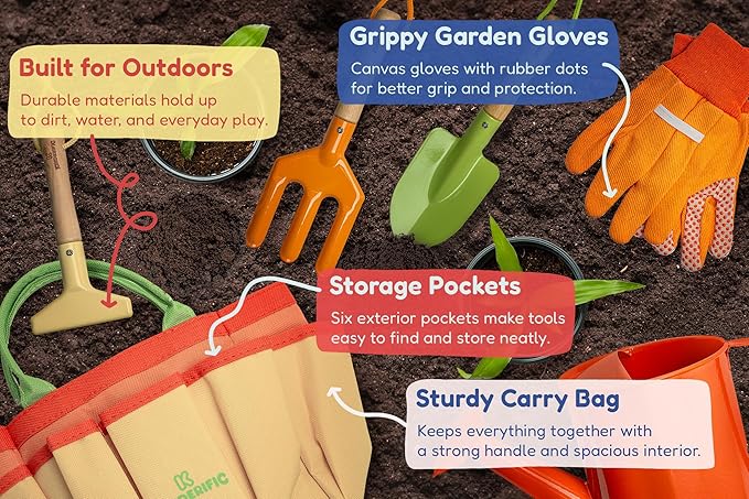 Kinderific Gardening Set, Tool Kit, for Kids, STEM, Includes Tote Bag, Spade, Watering Can, Rake, Fork, Trowel and Gloves (Sunshine)