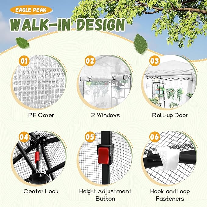Devoko 8x6 FT Walk-in Greenhouse, Instant Pop Up Green House for Outdoors with PE Cover, Zippered Door and 2 Roll-up Windows, Portable and Easy Assemble (White)