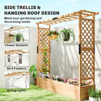 Outsunny Raised Garden Bed with Trellis, Wooden Planter Box with Hanging Roof and Drainage Holes, Outdoor Trellis Planter for Climbing Plants, Vegetables, Herbs and Flowers, 77.2" x 17.3" x 71.3"