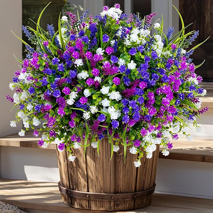 Artificial Flowers for Outdoors Fake Plants - 12 Bundles Faux Outside Greenery Boxwood No Fade Plastic Shrubs Home Decor Farmhouse Garden (Mixed, 3 Colors Magenta Purple White)