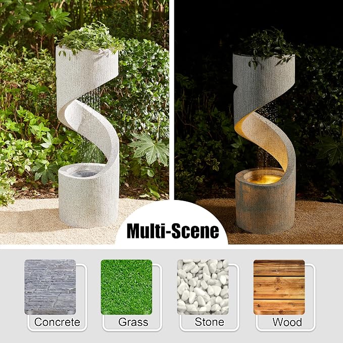 Glitzhome Outdoor Water Fountain with LED Light, Modren Curved Waterfall Fountain with Stone Planter, Faux Terrazzo Spiral Shaped Outdoor Fountains Water Feature for Garden Patio Deck Porch, 40.25”H