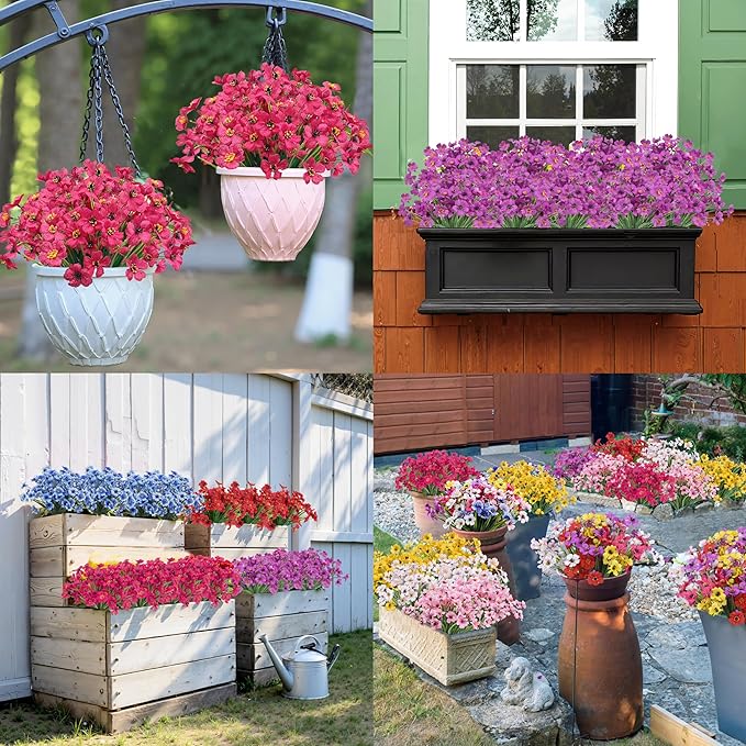 Bassion 24 Bundles Artificial Flowers for Outdoors Decoration, UV Resistant Yellow Silk Fake Faux Flowers Artificial Plants for Outside Window Box Porch Garden Home Decor