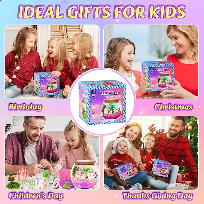 Hannstar Unicorn Light-Up Terrarium Kit for Girls- LED Night Light Unicorn Birthday Gifts for Kids Ages 4 5 6 7 8-12 Years-Unicorn Toys for Girls - DIY Arts and Crafts Kit for Kids