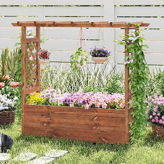 Giantex Raised Garden Bed with Sided Trellis & Roof Set 2, 31”x16”x41” Wood Elevated Planter Box, Freestanding Garden Planter Raised Bed for Flowers Herbs Climbing Vines,Brown