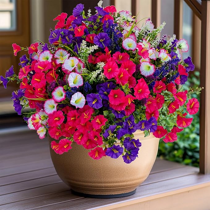 Artificial Flowers Outdoor Morning Glory - 16 Bundles Fake Plants UV Resistant No Fade Faux Plastic Greenery Home Garden Porch Decoration Indoor (1, Multi16-3)
