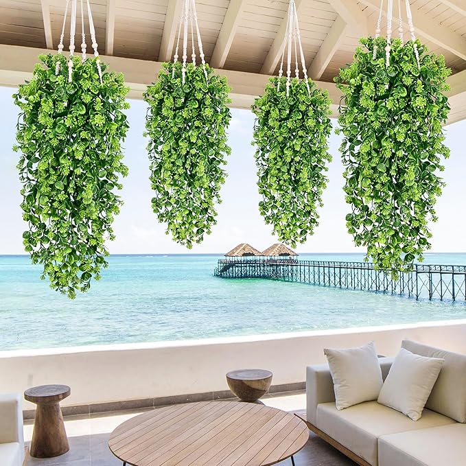 Waipfaru 8Pcs Fake Hanging Plants 3ft Fake Plants UV Resistant Fake Vines Artificial Decor for Indoor Outdoor Party Wall Porch Wedding Decoration,Light Green