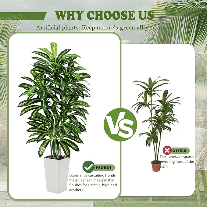 Artificial Dracaena Tree - 5FT Tall Fake Plants with White Tall Planter - Artificial Plants Indoor Floor Plant in Pot - Large Tropical Fake Yucca Potted Tree for Home Office Living Room Decor