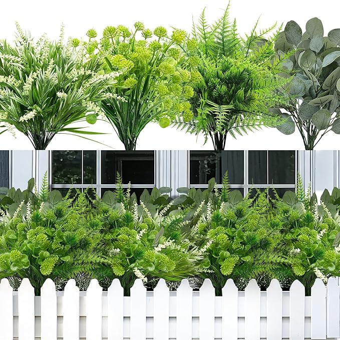 12 Bundles 4 Styles Artificial Plants Outdoor, UV Resistant No Fade Artificial Flowers Faux Plants Fern Lavender Eucalyptus Plastic Greenery Shrubs for Outside Porch Garden Home Spring Summer Decor