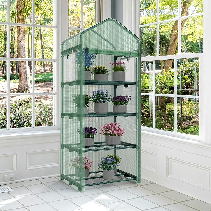 Mini Greenhouse 4-Tier Small Greenhouses for Outdoor Indoor 27"x19"x63" Portable Greenhouse w/ Screen Windows & Waterproof PE Cover Green House for Backyard Balcony Seedling Raising