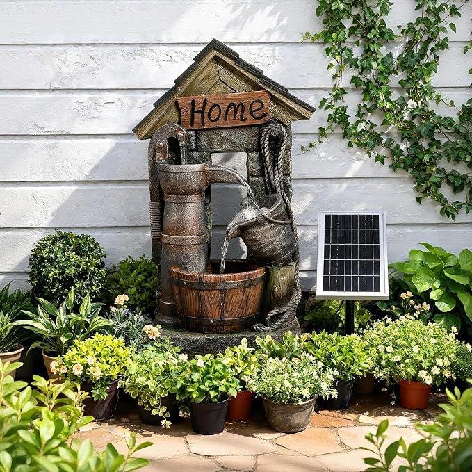 Solar Outdoor Water Fountain with Pump and Water Well 28.7 Inch High Rustic Barrel Cascading Waterfall Fountain, 3-Tier Garden Water Feature for Patio, Backyard, Yard & Outdoor Decor