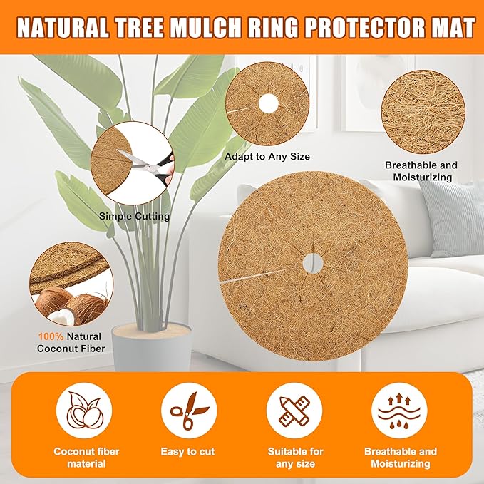 Coco Coir Mulch for Landscaping, 11.8 Inch Coconut Liners for Planters, 6 Pcs Coconut Fiber Tree Ring, Plant Covers from Animals,Dirt and Tree Protectors