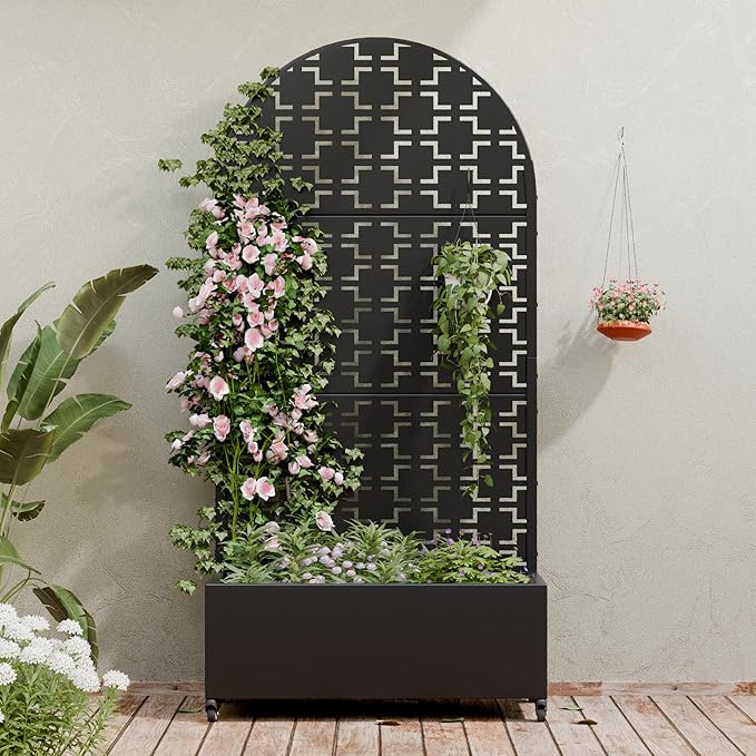 Casaphoria Metal Raised Garden Bed with Trellis and Wheels, 72"x35"x16" Arched Planter Box for Climbing Plants, Vegetables & Vines, Features Drainage Holes and Privacy Screen (Black-Square)