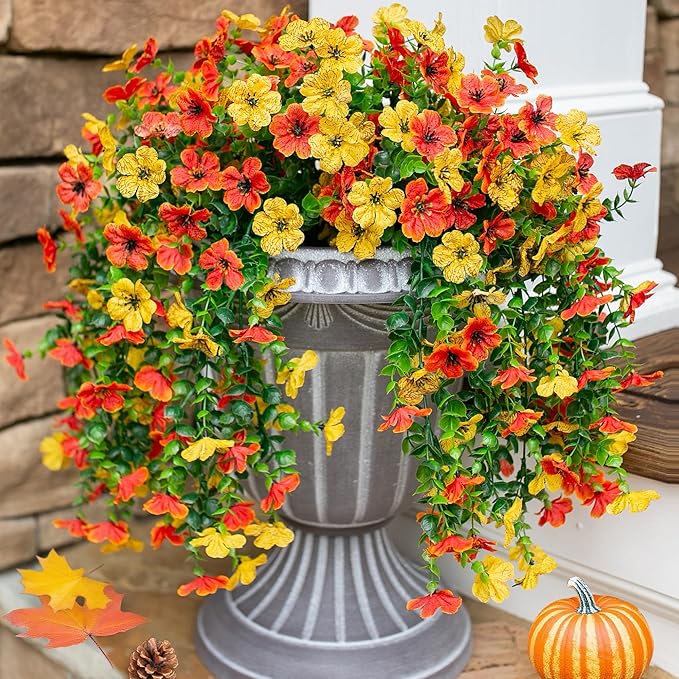 HyeFlora Artificial Flowers for Outdoors Decoration, 2Pcs Fake Hanging Spring Decor, Yellow and Orange Realistic Plants, UV & Fading Resistant Silk Flower for Porch Patio Balcony Planter Yard