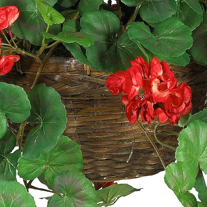 Nearly Natural 24in Artificial Geranium Hanging Basket Faux Floral Plant for Indoor Home Porch Decor, Red