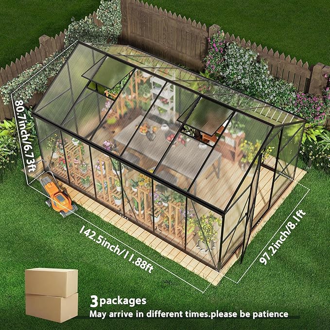 Wanan 8x12FT Greenhouses for Outdoors, Quick Assembly Green House with UV Protection, Heavy Duty Windproof Aluminum Frame, Adjustable Roof Vent for Backyard or Outdoor Garden Use