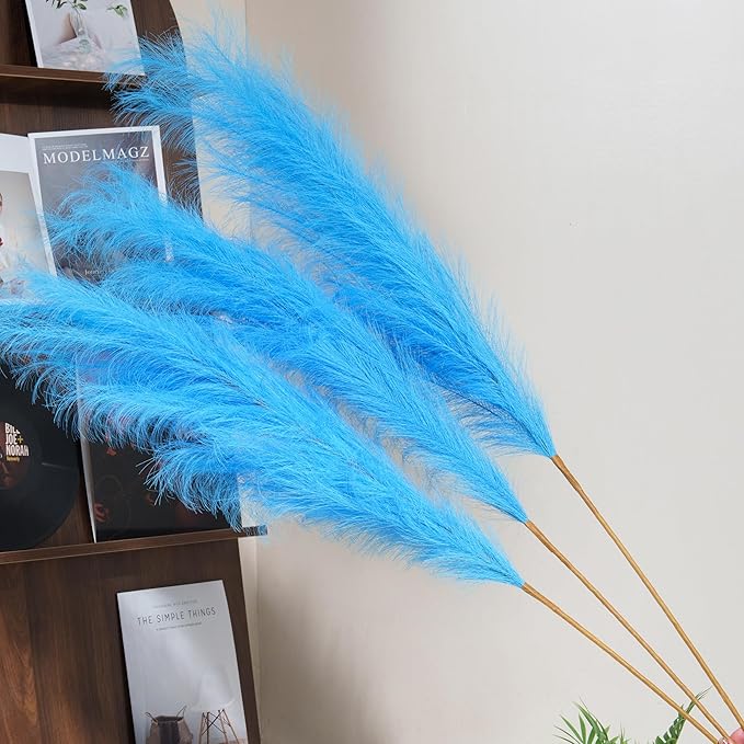 Premium Faux Sky Blue Pampas Grass – 55" Tall Ultra-Fluffy 24-Branch One-Piece Stems No Assembly, Luxury Silk-Feel Feather Flowers for Coastal Boho Wedding Home Decor (Powder Blue, 8 Stems)