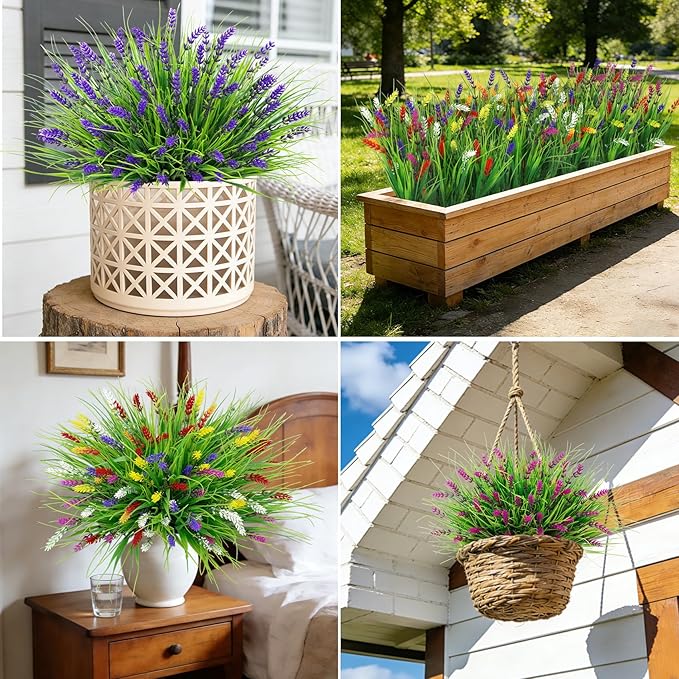 Roberly 24 Bundles Artificial Plants Outdoor, Fake Lavender Flowers UV Resistant Faux Shrubs Plastic Flowers Fake Greenery Plants for Porch Garden Window Box Home Indoor Outdoor Decorations, Mixed