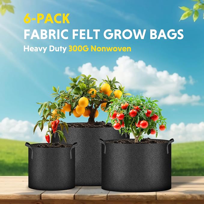 iPower Plant Grow Bag 15 Gallon 6-Pack Heavy Duty Fabric Pots, 300g Thick Nonwoven Fabric Containers Aeration with Nylon Handles, for Planting Vegetables, Fruits, Flowers, Black 2024 Version