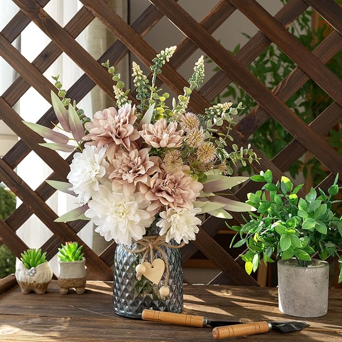 LUEUR Artificial Dahlia Flowers with Vase – Dusty Pink Faux Flower Arrangement, Elegant Floral Centerpiece Table Decorations for Coffee Table, Dining Room, Bedroom, Living Room & Farmhouse Home Decor