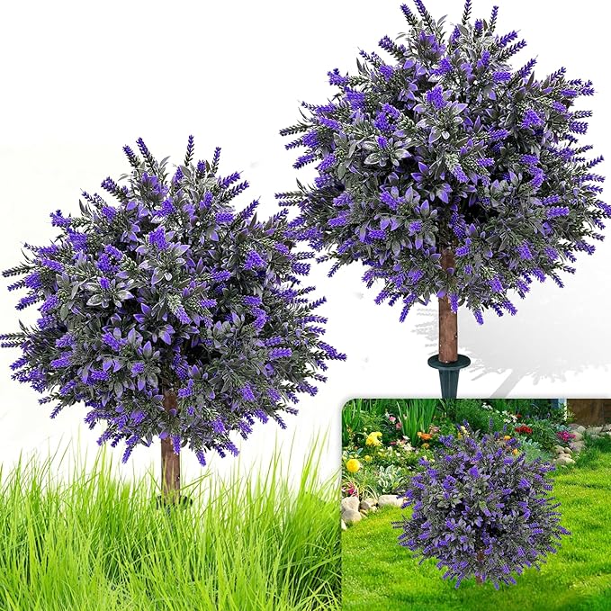 Set of 2 Artificial Lavender Boxwood Topiary Ball Bush for Outdoor with Ground Spike 24.5", UV Resistant Faux Greenery Shrubs, Fake Boxwood Plants for Indoor, Garden, Yard, Porch, Patio Decor