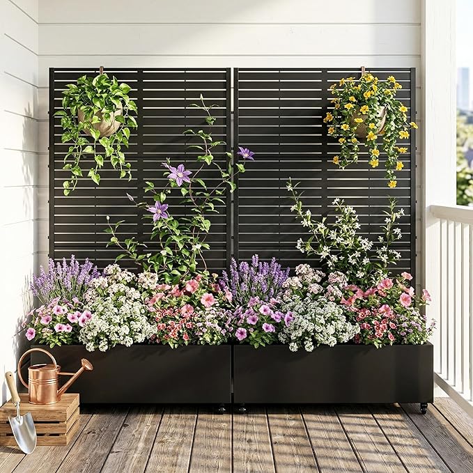 Casaphoria Metal Raised Garden Bed with Trellis and Wheels, 72"x47"x16" Planter Box for Climbing Plants, Vegetables & Vines, Features Drainage Holes and Privacy Screen (Black-Louvered)