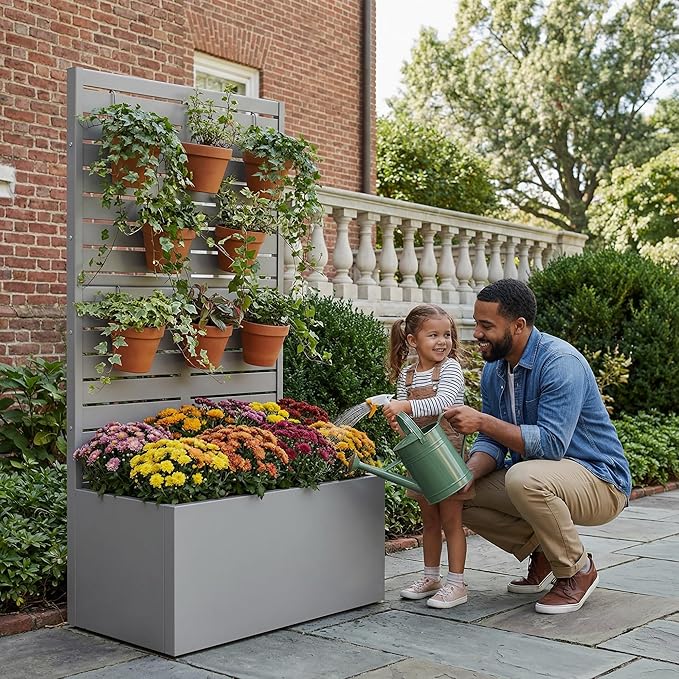 Casaphoria Metal Raised Garden Bed with Trellis, 59"x30"x12" Planter Box for Climbing Plants, Vegetables & Vines, Features Drainage Holes and Privacy Screen (Black-Louvered)