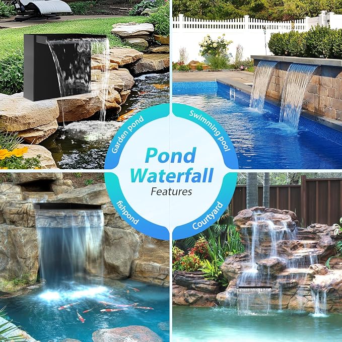 POPOSOAP 70W Solar Pond Waterfall Spillway Kit, 304 Stainless Steel Pondless Waterfall Box with 10FT Corrugated Tubing, 4 Pcs Filter Brushes, 580GPH Solar Powered Water Pump for Garden Ponds