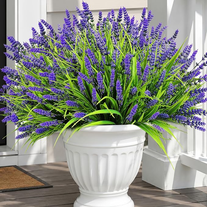Faux Flowers for Outdoor Planters – 20 Bundles Fake Plants Outdoor, UV Resistant Artificial Plants & Flowers with Fake Monkey Grass, Faux Outdoor Plants for Porch Patio Garden Decor