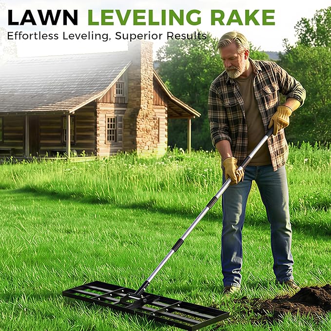 Lawn Leveling Rake, 45"x10" Stainless Steel Lawn Leveler with 76" Adjustable Handle, Heavy-Duty Yard Leveling Rake for Garden, Golf Course, Farm, Pasture, Professional Lawn Care Tool