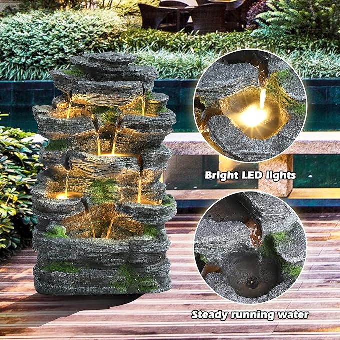Grepatio Outdoor 7-Tiers Cascading Rock Water Fountain, Waterfall Fountain with 6 LED Lights, Outdoor Fountains and Waterfalls for Garden or Patio, Yard, and Deck Decor with Natural Stone Look
