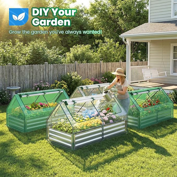 Quictent Raised Garden Bed with Cover Outdoor Galvanized Metal Planter Box Kit, w/ 2 Large Screen Windows Mini Greenhouse 20pcs T Tags 1 Pair of Gloves Included for Growing Vegetables 6x3x1ft (Clear)
