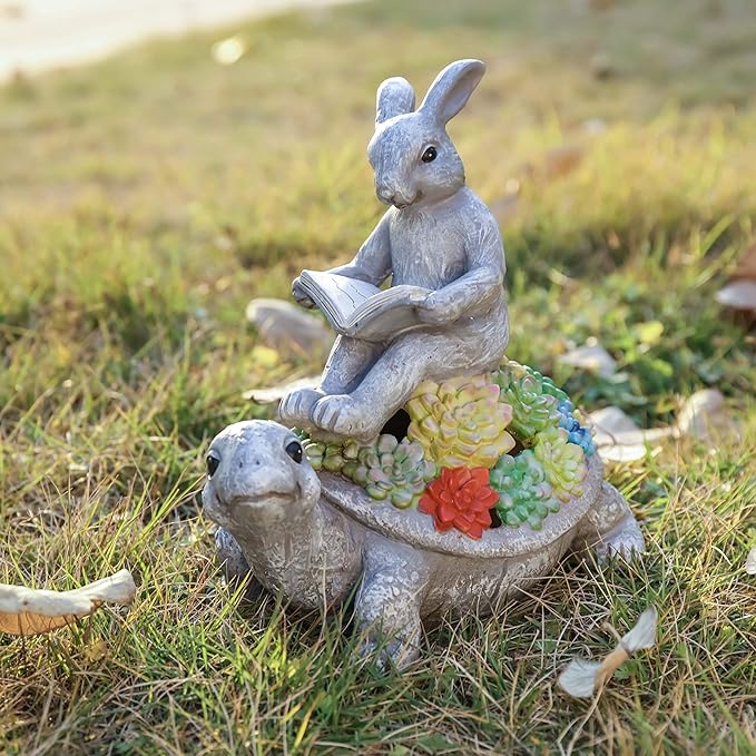 TERESA'S COLLECTIONS Garden Statues Rabbit Turtle Solar Outdoor Light for Garden Decor, Resin Outdoor Statues Tortoise Bunny Sculptures for Lawn Patio Porch Yard Decor Garden Gifts for Mom Women, 9"