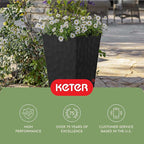 Keter Stone Tapered Planter Set of 2, Tall 26.4‑Inch Resin Outdoor Flower Pots with Stone‑Look Finish and 12.2‑Gallon Capacity, Graphite
