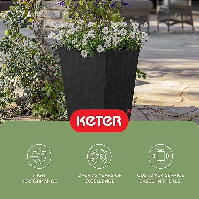 Keter Stone Tapered Planter Set of 2, Tall 26.4‑Inch Resin Outdoor Flower Pots with Stone‑Look Finish and 12.2‑Gallon Capacity, Graphite