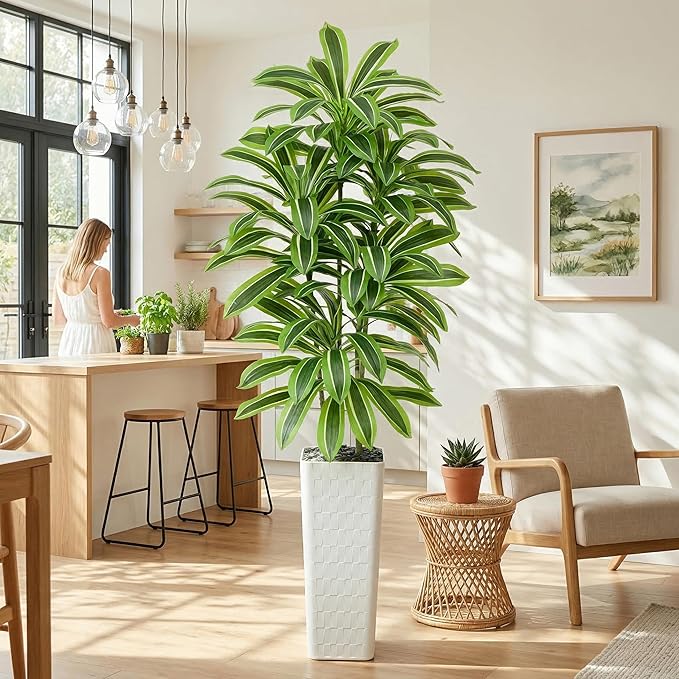 Artificial Dracaena Tree：7FT Faux Silk Tropical Yucca Floor Trees Realistic Fake Green Plant with Natural Wood Trunk & Lifelike Leaves for Home Office Decor Indoor & Outdoor (7FT,1-Pack,White)