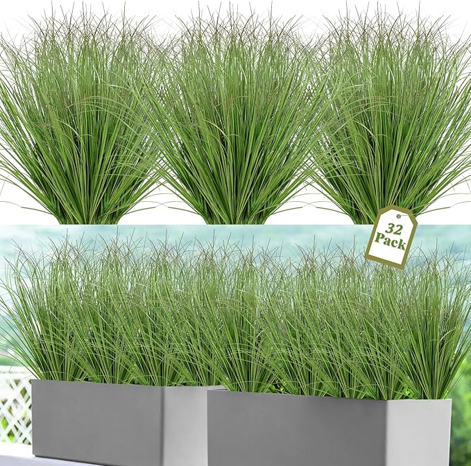 32 Bundles Artificial Plants Onion Grass Outdoor 20 Inch Tall Fake Shrubs Wheat Grass UV Resistant Greenery Stems Faux Bushes Plant for Indoor Outdoor Garden Office Home Decor, Green