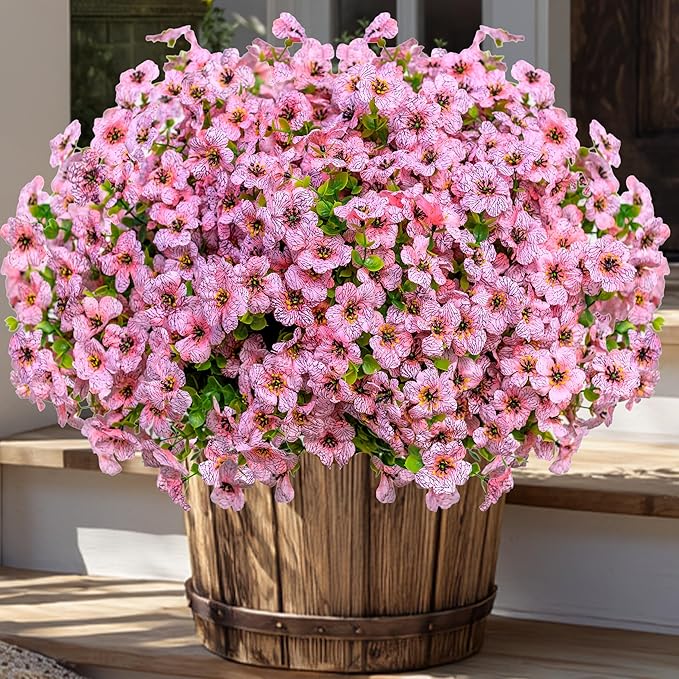 AXYLEX Artificial Flowers for Outdoors Fake Plants - 16 Bundles Faux Outside Greenery Boxwood No Fade Plastic Shrubs Fall Decor Farmhouse Home Garden Thanksgiving Mums (Pink)