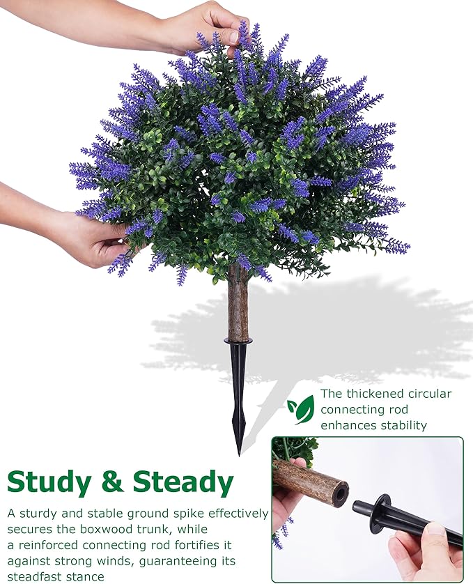 27.55 Inch Artificial Boxwood Trees, 2 Sets Faux Lavender Topiary with Spikes, Pot Filler Fake Shrubs Plants for Outdoor Planters, Round Topiary Bush Balls Front Porch Home Garden Spring Decor