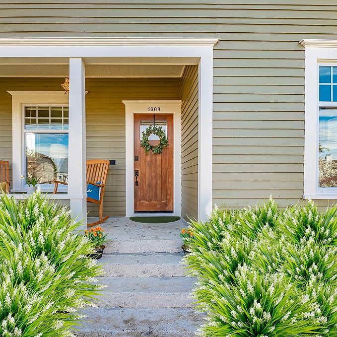 Sggvecsy 12 Bundles Artificial Plants Outdoor Faux Lavender Flowers Fake Monkey Grass UV Resistant Plastic Greenery Plants for Garden Home Porch Window Patio Hanging Planter Indoor Decor (White)