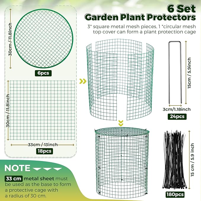 6 Pack Garden Plant Protectors from Animals with Stakes, Metal Mesh and Detachable Covers Wire Plant Cage for Keeping Bunny Animals Out, Chicken Wire Cover Garden Protect (12 * 13 in)