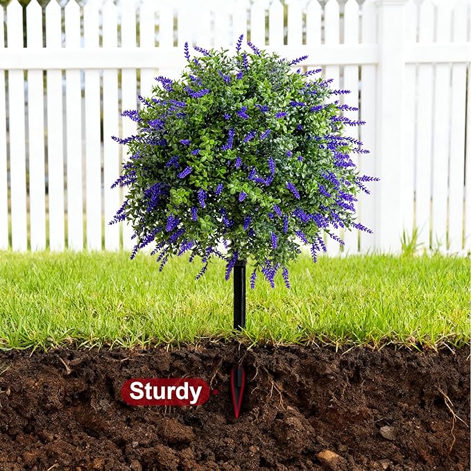 Bailikang 2PCS Artificial Lavender Boxwood Topiary Ball Bush with Ground Spike Fake Evergreen Shrubs Bushes Plants UV Resistant Faux Greenery Shrubs, Fake Green Boxwood Plants for Garden, Yard, Porch