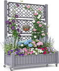 YITAHOME 42.5x14.2x61 in Planter Box with Trellis/Outdoor Privacy Screen, All-Weather Raised Garden Bed with Wheels & Drain Plug for Climbing Plants Flowers Herbs, Brown