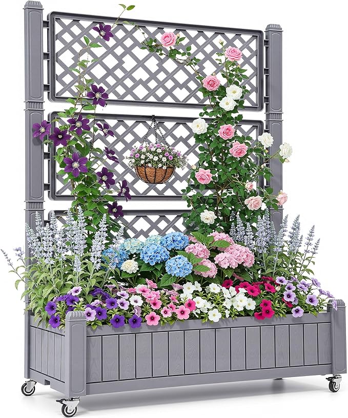 YITAHOME 42.5x14.2x61 in Planter Box with Trellis/Outdoor Privacy Screen, All-Weather Raised Garden Bed with Wheels & Drain Plug for Climbing Plants Flowers Herbs, Brown