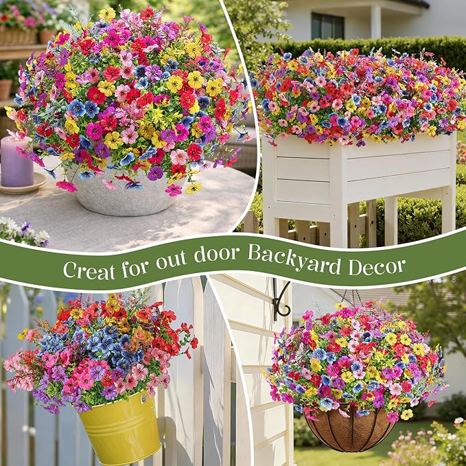 SHareconn 24 Bundles Artificial Flowers for Outdoors Decoration, Faux Plants Fake Silk Colorful Daisy Eucalyptus Lavender, UV Resistant for Outside Home indoor Spring Decor,RedRosyPurpleBlueYellowPink