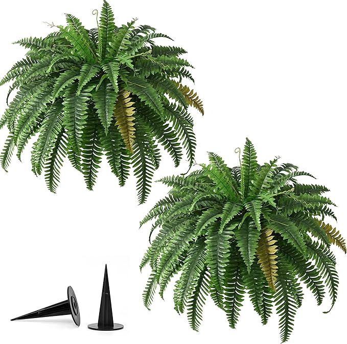 2PCS 45in Fake Ferns- Large Artificial Plants Outdoor, UV Resistant Artificial Ferns for Outdoors, 60 Branches Faux Boston Fern Realistic Weatherproof Fake Plants for Porch Home Patio Hanging Decor